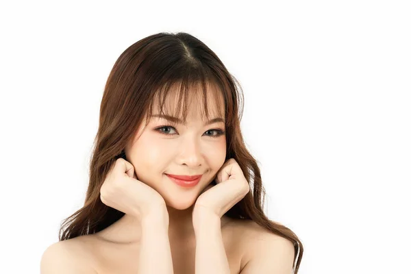 Portrait of attractive young woman with beauty skin and face isolated on white background. Healthy skin and face care concept.