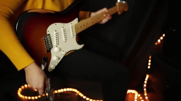 Hands Person Connecting Electric Guitar Black Background Starting Concert — Stock Video