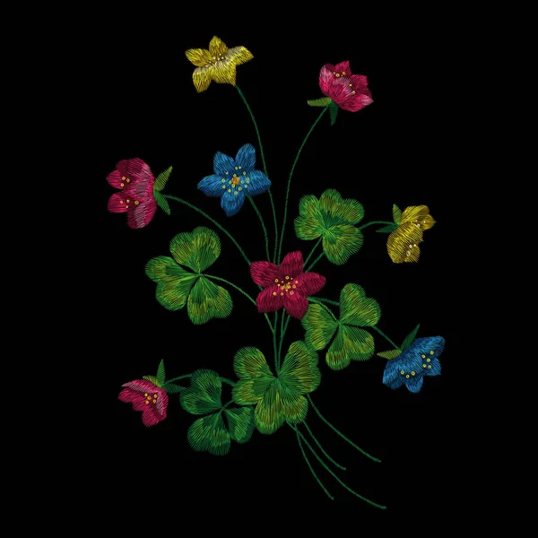 Crane bird, flowers, rose, rose-hip, plant. Traditional folk stylish stylish embroidery on the black background. Sketch for printing on clothing, fabric, bag, accessories and design. Vector, trend