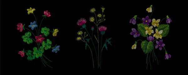 Crane bird, flowers, rose, rose-hip, plant. Traditional folk stylish stylish embroidery on the black background. Sketch for printing on clothing, fabric, bag, accessories and design. Vector, trend