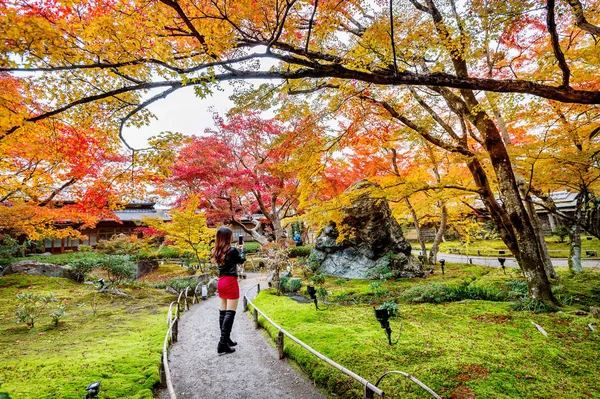 Una Giovane Donna Scatta Una Foto Nel Parco Autunnale Foglie — Foto Stock