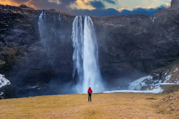 Seljalandsfoss 瀑布在冰岛 穿红夹克的家伙看 Seljalandsfoss — 图库照片