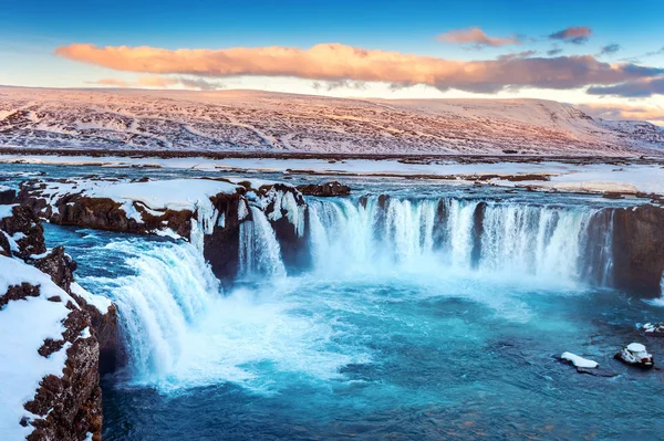 Godafoss Водоспад Sunset Взимку Ісландія — стокове фото