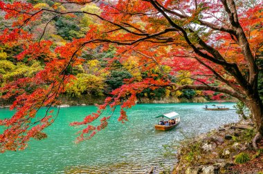 Tekne nehirde sandal kayıkçı. Arashiyama Kyoto, Japonya Nehri boyunca Sonbahar sezonu.