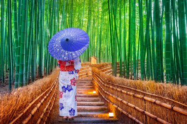 Bambu Ormanı. Japonya 'nın Kyoto kentindeki Bambu Ormanı' nda geleneksel Japon kimonosu giyen Asyalı kadın..