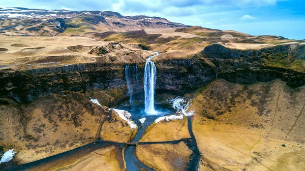 Vista Aérea Cachoeira Seljalandsfoss Bela Cachoeira Islândia — Fotografia de Stock