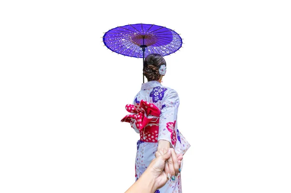 Asiatisk Kvinna Bär Japansk Traditionell Kimono Med Paraply Vit Bakgrund — Stockfoto