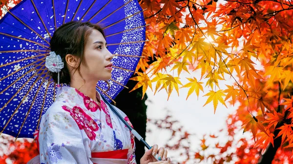 Mujer Asiática Usando Kimono Tradicional Japonés Con Paraguas Parque Otoño — Foto de Stock