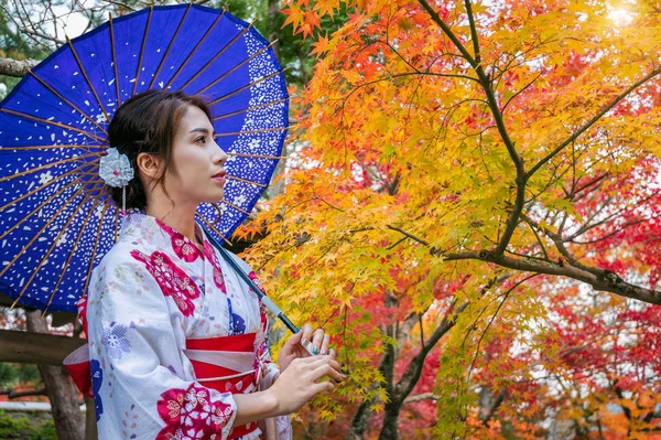 Asiatisk Kvinde Iført Japansk Traditionel Kimono Med Paraply Efteråret Park - Stock-foto