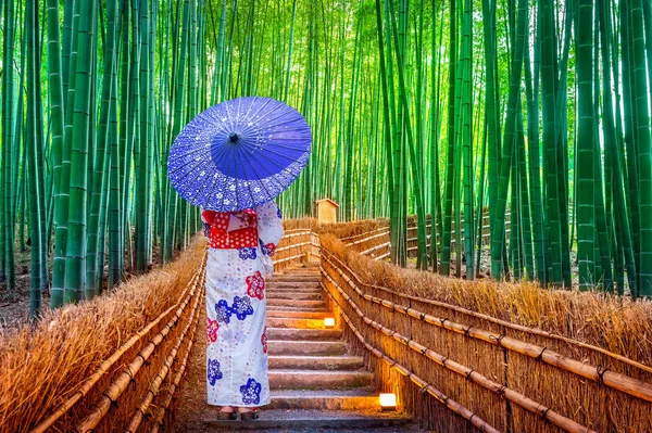 Floresta Bambu Mulher Asiática Vestindo Quimono Tradicional Japonês Floresta Bambu — Fotografia de Stock