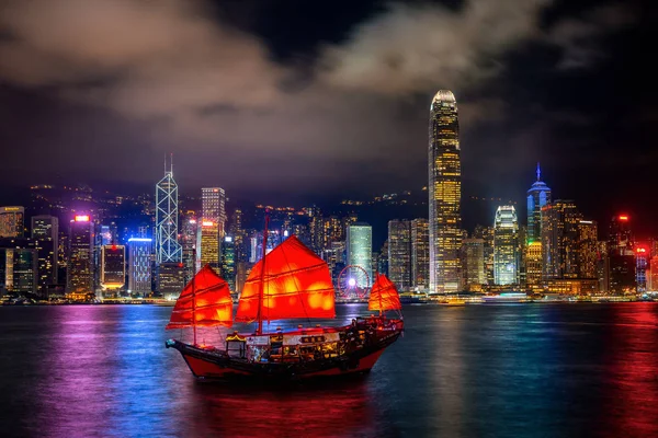 Porto Victoria Com Navio Lixo Noite Hong Kong — Fotografia de Stock