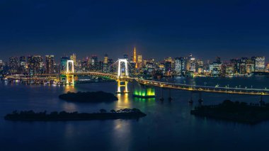 Tokyo şehir manzarası ve gece gökkuşağı köprüsü manzarası.