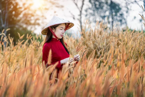 Femeie Asiatică Care Poartă Cultura Vietnamului Tradițional Câmpul Flori Fântânii — Fotografie, imagine de stoc