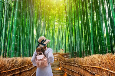 Kyoto, Japonya bambu ormanında, yürüyen kadın.