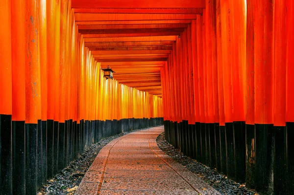 Červené torii brány chodník fushimi inari taisha svatyně v Kjótu, Japonsko. — Stock fotografie
