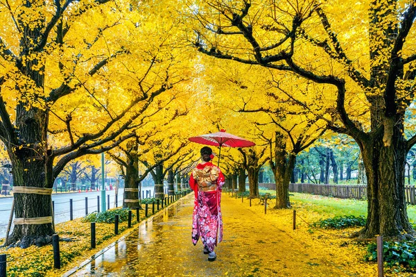 Ázsiai nő japán tradicionális kimonót visel ősszel a sárga ginkgo fa sorában. Őszi park Tokióban, Japánban. — Stock Fotó
