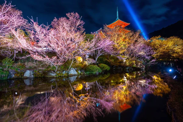 日本の京都・寺院の夜の赤い塔とイルミネーション. — ストック写真