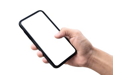 Beyaz arkaplanda el ele tutuşan akıllı telefon izole edildi.