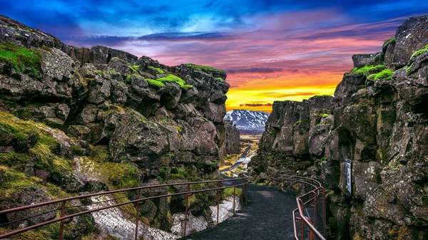 Pingvellir Thingvellir National Park Tectonic Plates Sunset Iceland — стокове фото