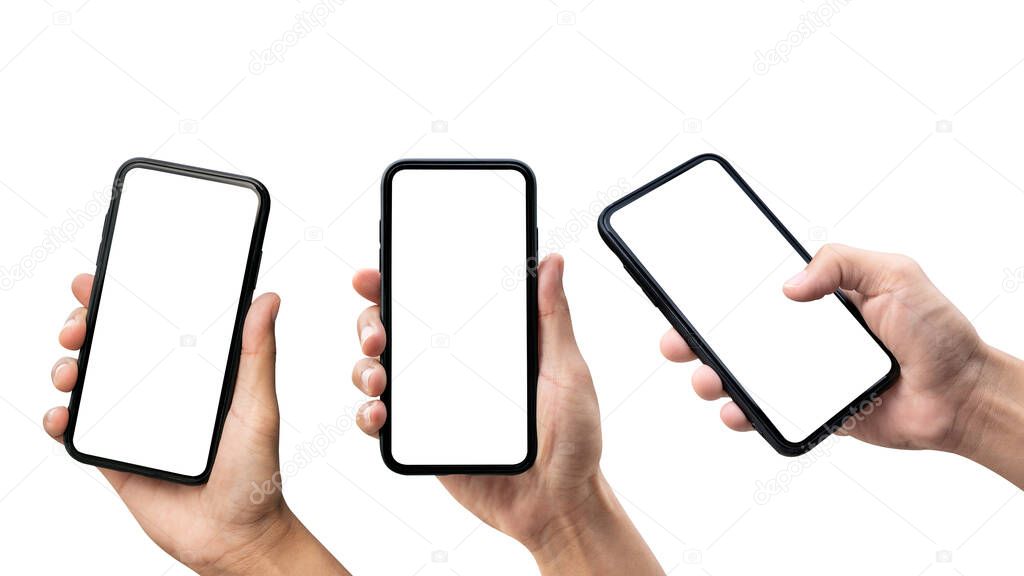 Set of Hand holding smartphone isolated on white background.