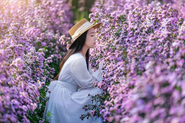 Beautiful Girl White Dress Sitting Margaret Flowers Fields — Stock Photo, Image