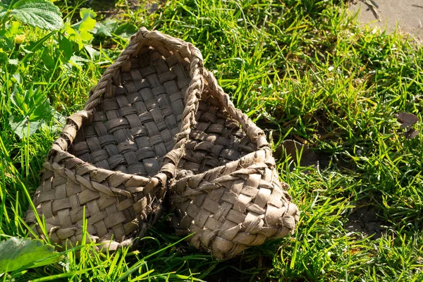 Yeşil çimlerin üzerinde eski bast ayakkabılar, eski ayakkabılar..