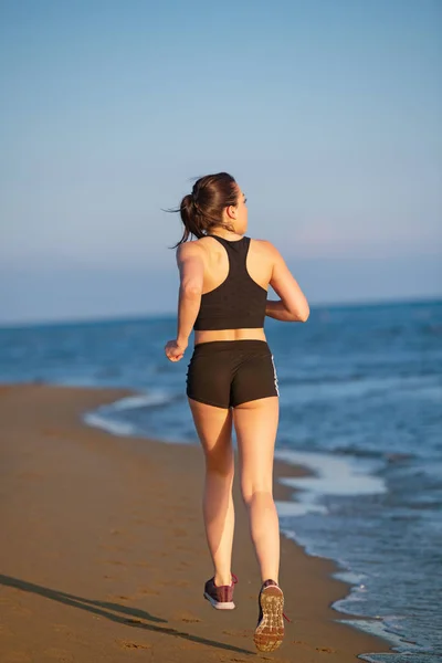 Rear View Fit Woman Running Beach Blue Sea Sky — Stock Photo, Image