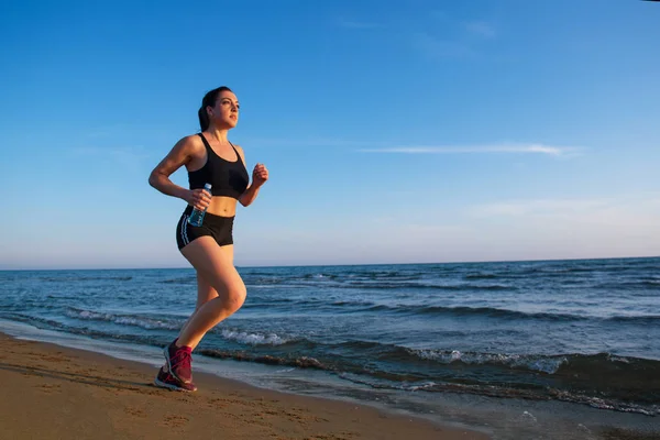 Full Length Side View Fit Woman Holding Bottle Water Running — Stock Photo, Image