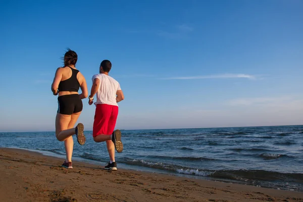 Rear View Healthy Man Woman Running Tropical Beach — Stock Photo, Image