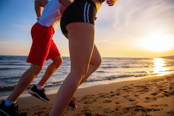 Low Section View Young Couple Jogging Tropical Beach Sunset — Stock Photo, Image