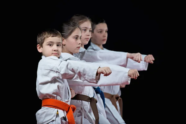 Children Training Karate Black Background — Stock Photo, Image