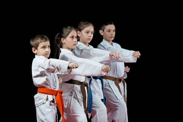 Children Training Karate Black Background — Stock Photo, Image