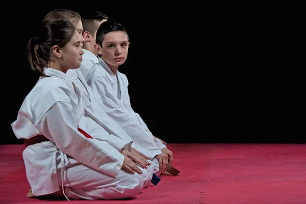 Crianças Quimono Sentadas Tatami Seminário Artes Marciais Foco Seletivo — Fotografia de Stock