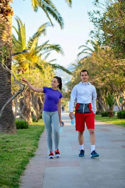 Young Couple Joggers Warming Stretching Morning Running — Stock Photo, Image