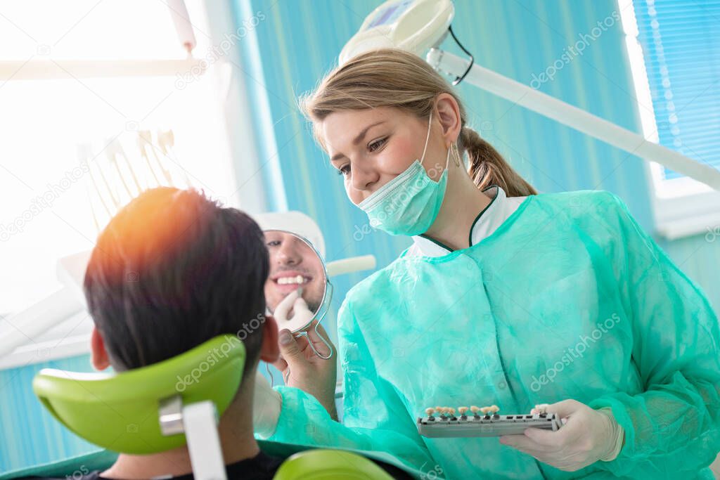 Female dentist and male patient in dentist office  