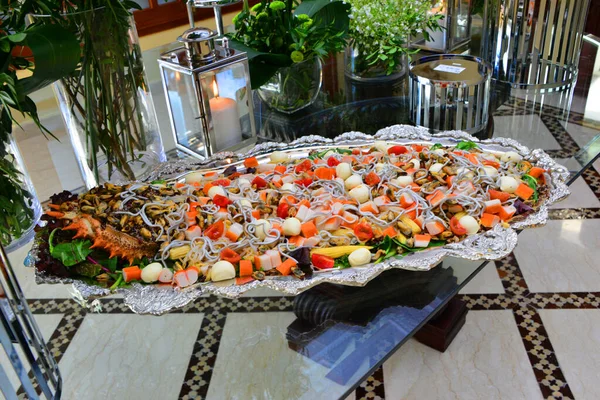 Seafood Corn Salad Eat Vegetarian Shrimp Mackerel Pieces — Stock Photo, Image