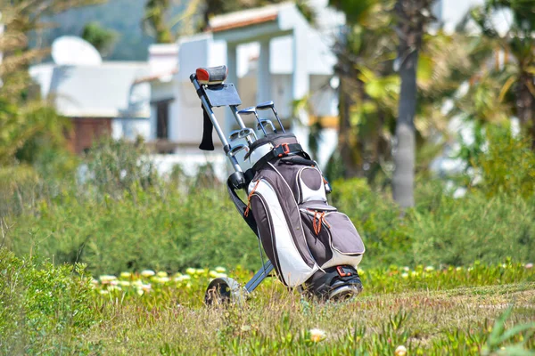 高尔夫球场上的一袋高尔夫球杆 — 图库照片