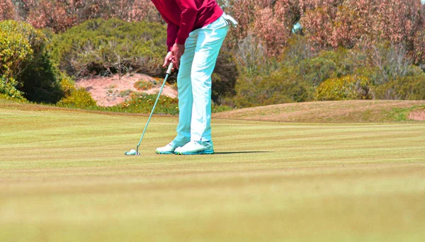 美しいサニーグリーンゴルフコースでゴルフをする男 ゴルフボールを打つドウ — ストック写真