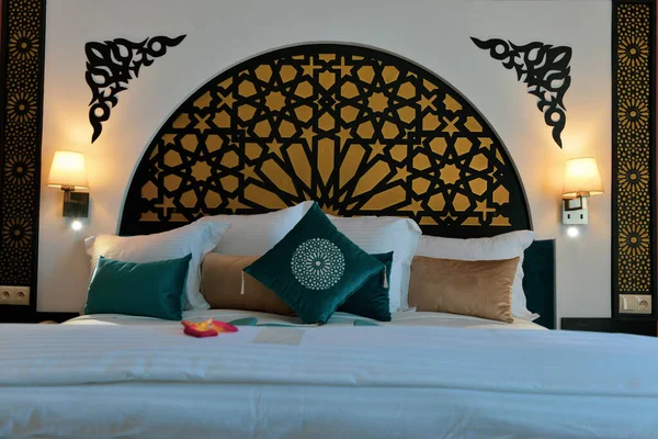 Hotel room in Morocco. Moroccan furniture and Moroccan engraving