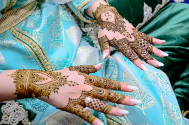 Mehndi tattoo. Woman Hands with black henna tattoos. moroccan national traditions. clipart