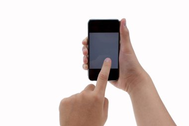 Erkek dokunmatik cep telefonu beyaz arka plan üzerinde izole