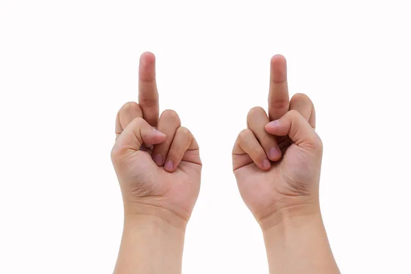 Emberi Két Kéz Intett Középső Ujját Fehér Háttér Stock Kép