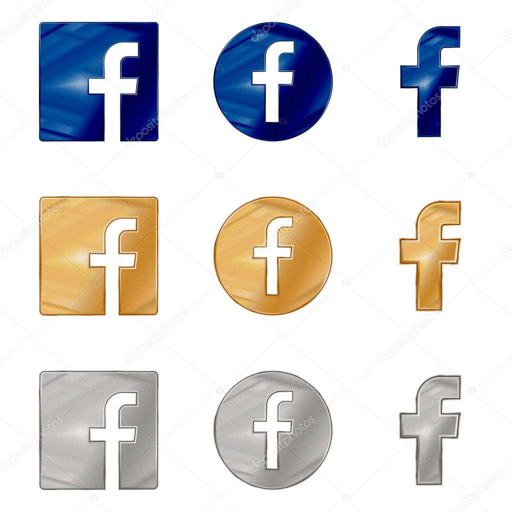 Letter f blue, gold and silver icons. Social media icon set. facebook icon. Facebook logo vector illustration.