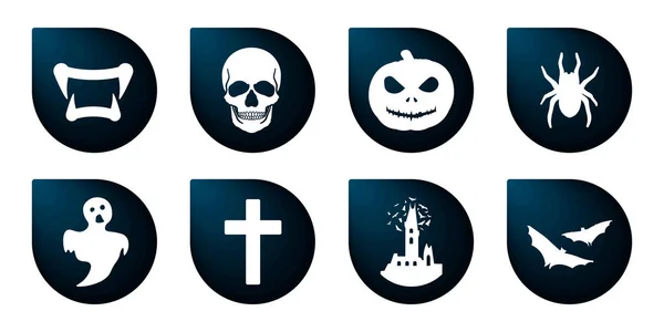 Halloween Icons Funny Faces Different Halloween Elements Heart Skull Bat — Stock Vector