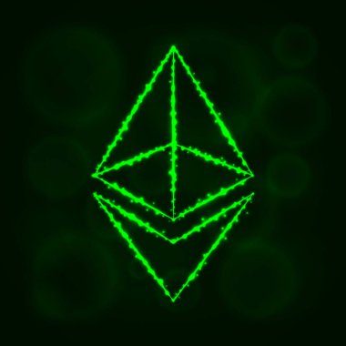 Ethereum vektör simgesi. Web sitesi tasarımı, internet, grafik arayüzü, iş Ethereum simgesi. Ethereum illüstrasyon, koyu arka plan üzerinde ışıklar siluet. Ethereum parlak çizgiler ve Puan.