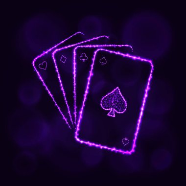 Oyun kartları simgesi. Dört oyun kağıtları, casino sembol siluet tasarım koyu arka plan üzerinde ışıklar. Vektör çizim. Parlayan çizgileri ve noktaları. menekşe rengi.