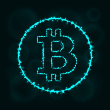 Bitcoin vektör simgesi. Web sitesi tasarımı, internet, grafik arayüzü, iş Bitcoin simgesi. Bitcoin illüstrasyon işareti, koyu arka plan üzerinde ışıklar siluet. Bitcoin parlak çizgiler ve Puan.
