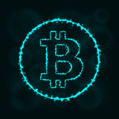 Bitcoin vektör simgesi. Web sitesi tasarımı, internet, grafik arayüzü, iş Bitcoin simgesi. Bitcoin illüstrasyon işareti, koyu arka plan üzerinde ışıklar siluet. Bitcoin parlak çizgiler ve Puan.