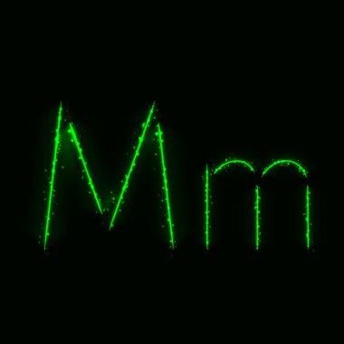 Koyu arka plan üzerinde ışıkların yeşil alfabe M harfleri