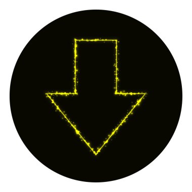 Web simgesi siluet siyah zemin üzerine sarı ışıkların aşağı ok. Neon vektör simgesi